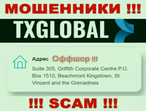 Добраться до организации TX Global, чтобы вырвать свои финансовые вложения невозможно, они находятся в оффшоре: Suite 305, Griffith Corporate Centre P.O. Box 1510, Beachmont Kingstown, St. Vincent and the Grenadines