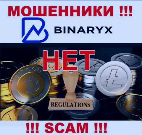 На веб-сайте аферистов Binaryx нет информации о их регуляторе - его попросту нет