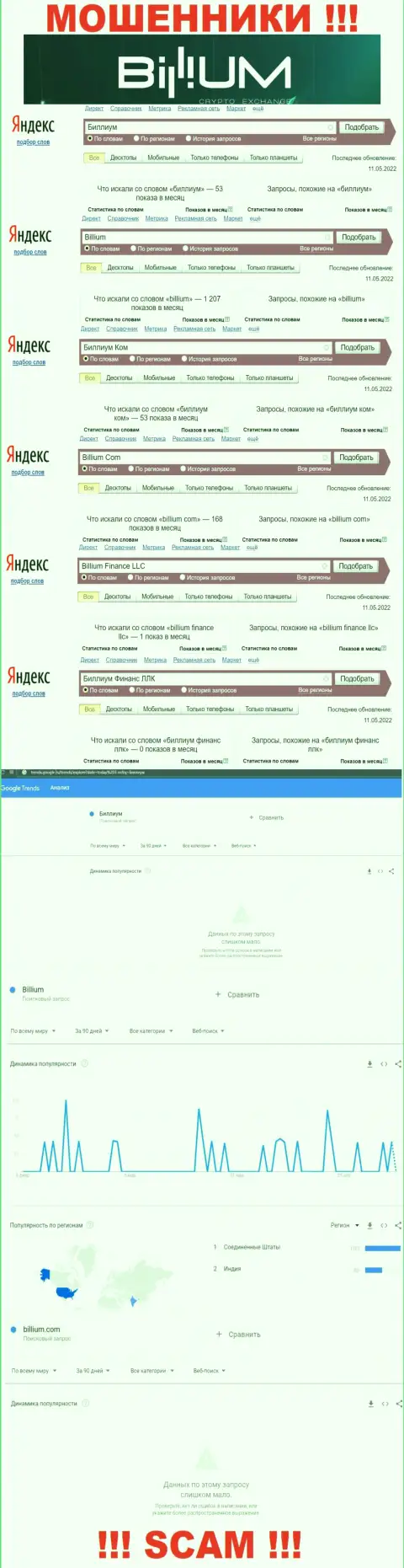 Число online-запросов информации о мошенниках Billium Com в глобальной сети