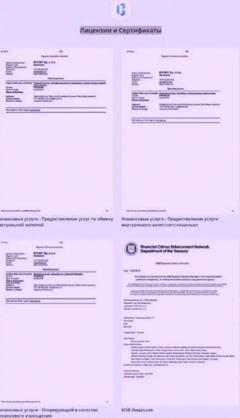 Лицензионные документы, а также сертификаты online-обменки БТКБИТ Сп. З.о.о.