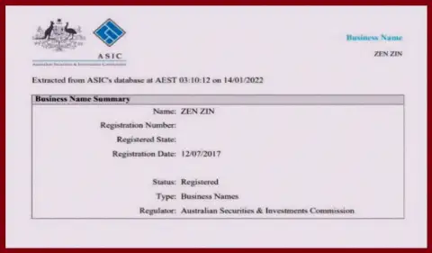 Юридическая информация о регистрации компании Зинеера Ком