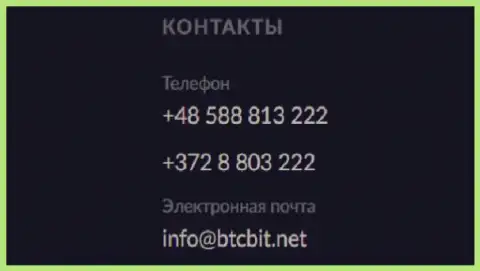 Телефоны и адрес электронной почты online обменника BTC Bit