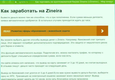 Информационная статья о выводе денежных средств в брокерской фирме Zinnera Exchange, представленная на ресурсе Игроне Ру