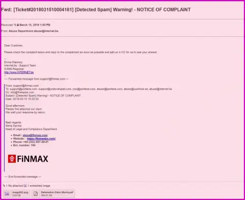 Схожая жалоба на официальный веб-ресурс FiNMAX поступила и регистратору доменного имени